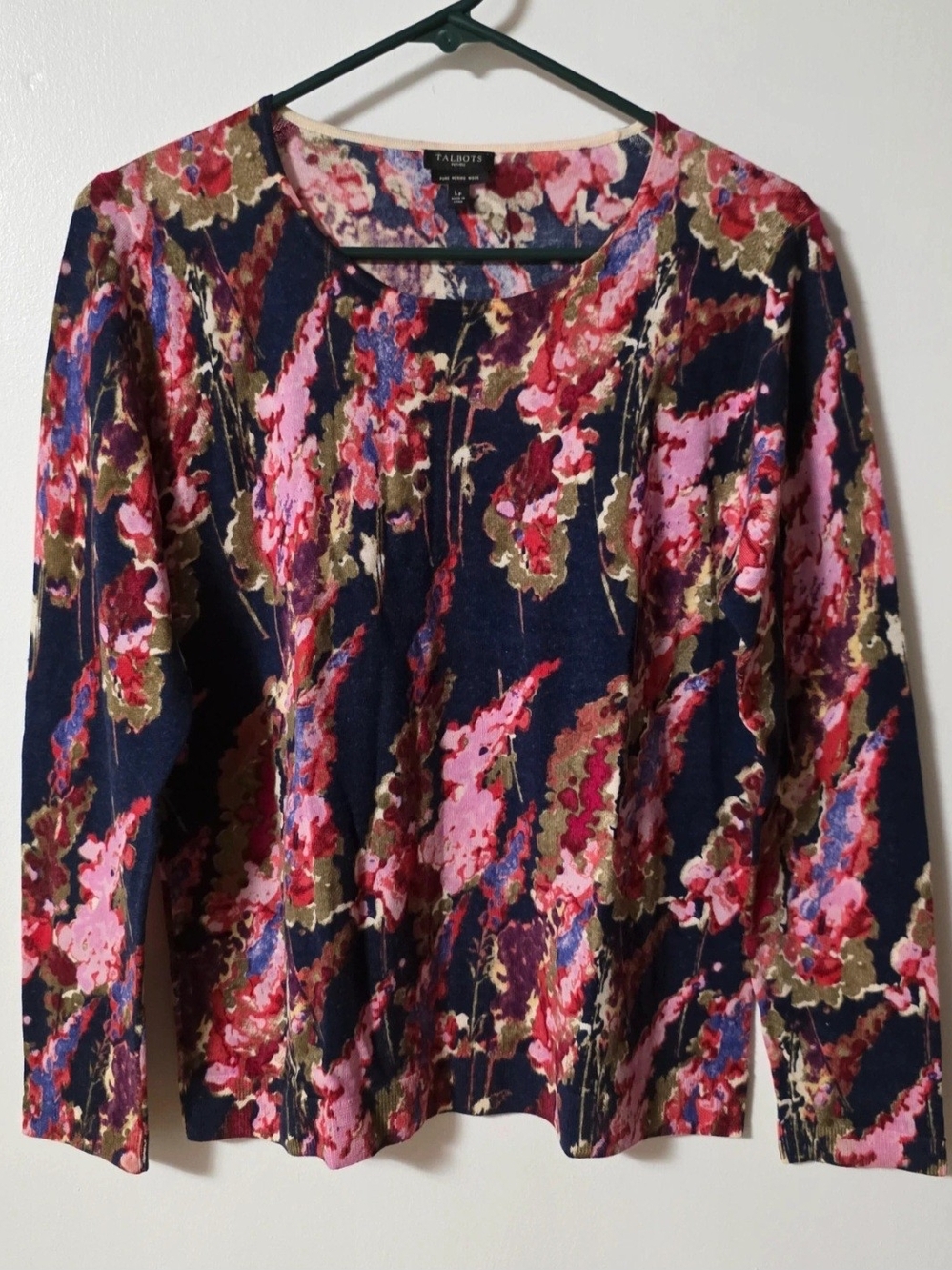 Talbots Navy Floral Long-Sleeve Crewneck Top with Pink & Olive Accents Size L/P
